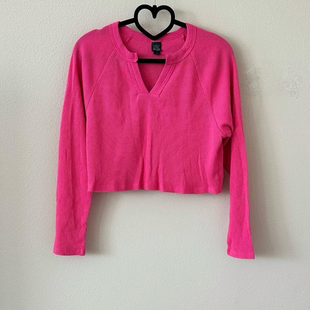 Wild Fable Hot Pink V-Neck Crop Waffle Knit Top Size M